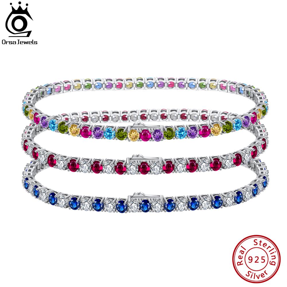 ORSA JEWELS Серебро 925 пробы 3 мм Разноцветный Цирконий Браслет-цепочка Таннис Настоящее Ручная работа Ручная цепочка Ювелирное изделие для Мужчин Женщин SB137