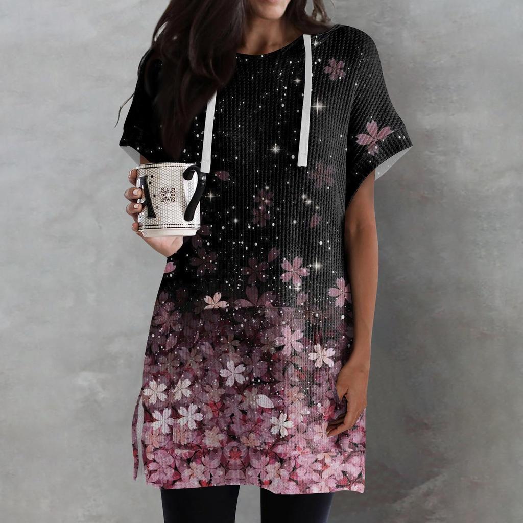 Женские свободные рубашки с принтом, толстовки с короткими рукавами и шнурком, вязаная туника с боковыми разрезами, топы с капюшоном и карманом