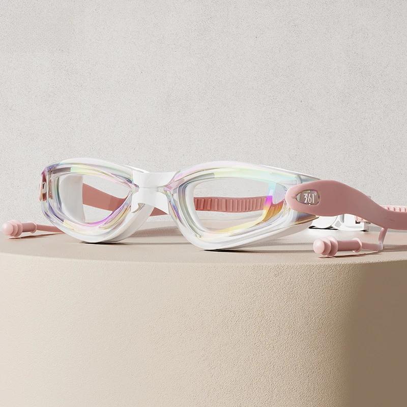 Интегрированные беруши Очки для плавания Широкоугольные цветные взрослые Незапотевающие линзы с покрытием от УФ-излучения Шапочка для плавания Очки для бассейна