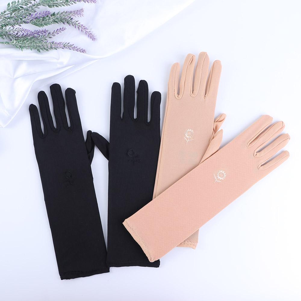Ladies Spring Anti-slip Mid-long Embroidered Stretch Mittens Driving Glove Sunscreen Gloves Anti UV