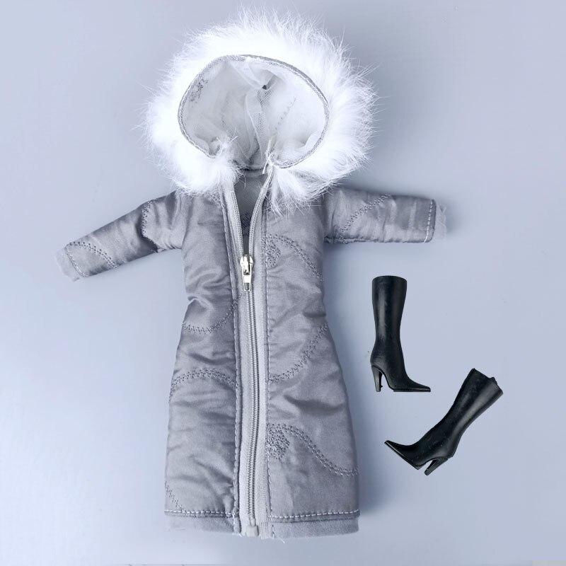 Серое зимнее теплое длинное пальто с капюшоном для куклы Барби, одежда, парка для 1/6 куклы BJD, куртка 1:6, аксессуары для кукол, детские игрушки