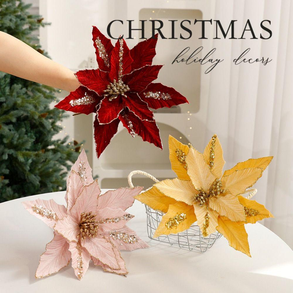 Sequins Artificial Poinsettia Flower Large Christmas Tree Ornaments Holiday Festival Decor