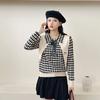Polo Collar Long-sleeved Checked Knitted Sweater for Women's Autumn and Winter Color-blocking Top