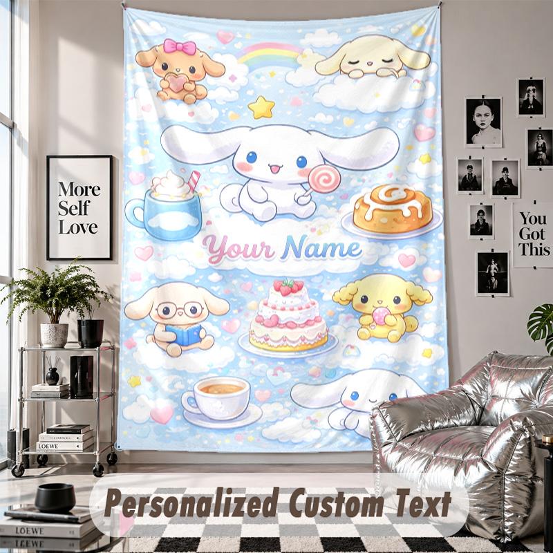 Custom Tapestry Wall Hanging, Cinnamoroll Personalized Name Text Home Wall Decor