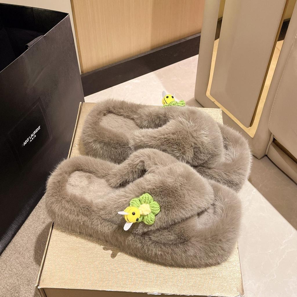 Женские домашние повседневные пушистые тапочки Little Bee для дома, женские шлепанцы, пушистая обувь, перекрестные слайдеры, женские мягкие плюшевые тапочки 2024