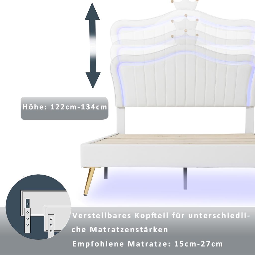 Children's Upholstered Bed 140 x 200 cm, White Crown Double Bed Frame made of PU Leather with LED Lights, Slat Frame, Backrest (Mattress not included)