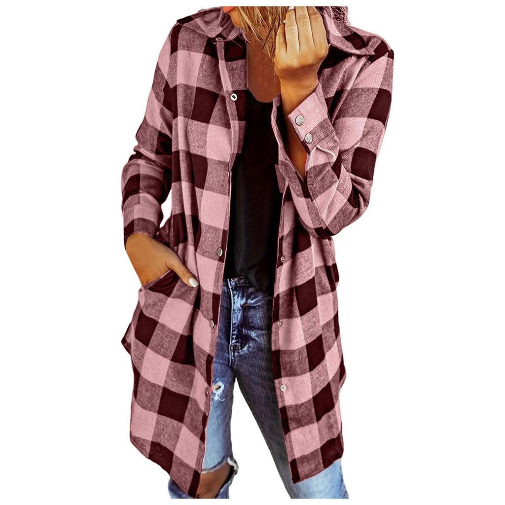 Модные женские повседневные карманы с решетчатым принтом и длинными рукавами, куртка, пальто