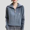 Autumn Winter Women's Stand Collar Knit Sweater Half-zip Loose Cable Knit Solid Color Pullover Knit Top