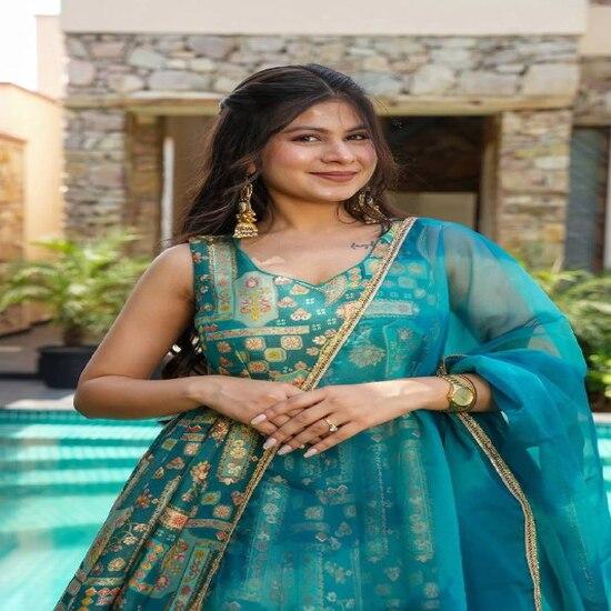 Teal Green Traditional Printed Lehenga Set with Dupatta