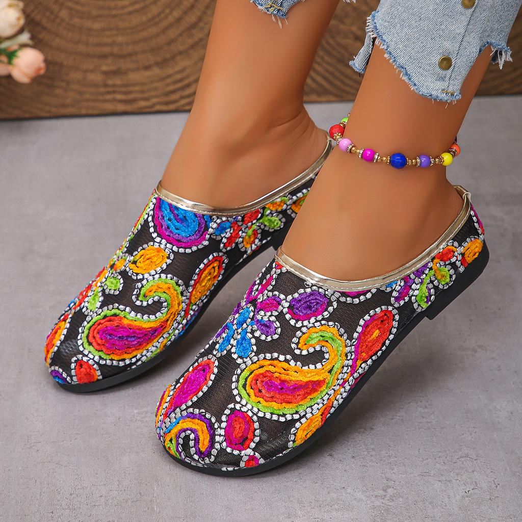 Fashion New Fashion Women Sandals Colorful Floral Pattern Sandals Mesh Round Toe Summer Casual Slippers Flats Lady Vacation Beach Shoes