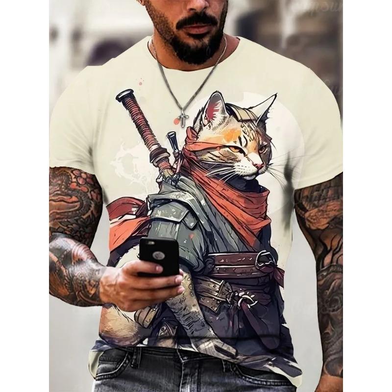 Мужская футболка в стиле рубашки с графикой кота-самурая, модная футболка с 3D-принтом, повседневная футболка с коротким рукавом, мужская одежда большого размера
