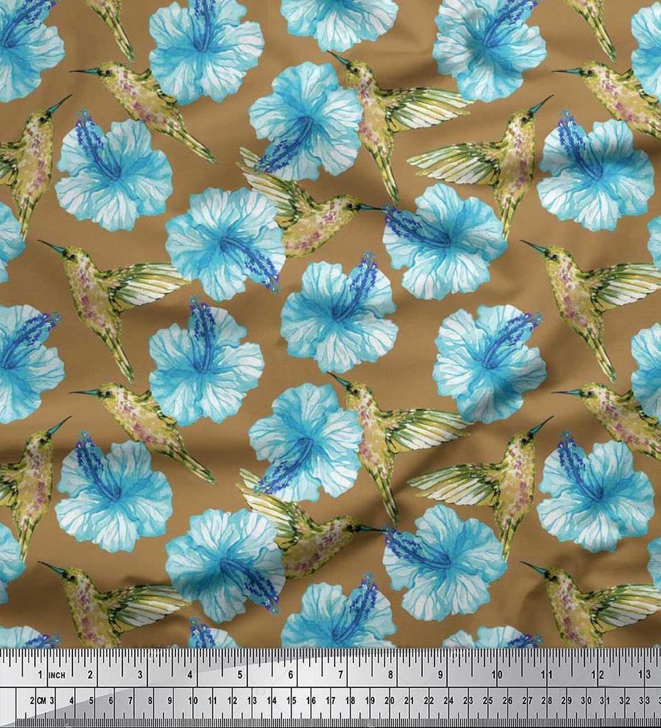 Soimoi Черная полиэстеровая креповая ткань с принтом колибри и цветов, ярд 42 дюйма