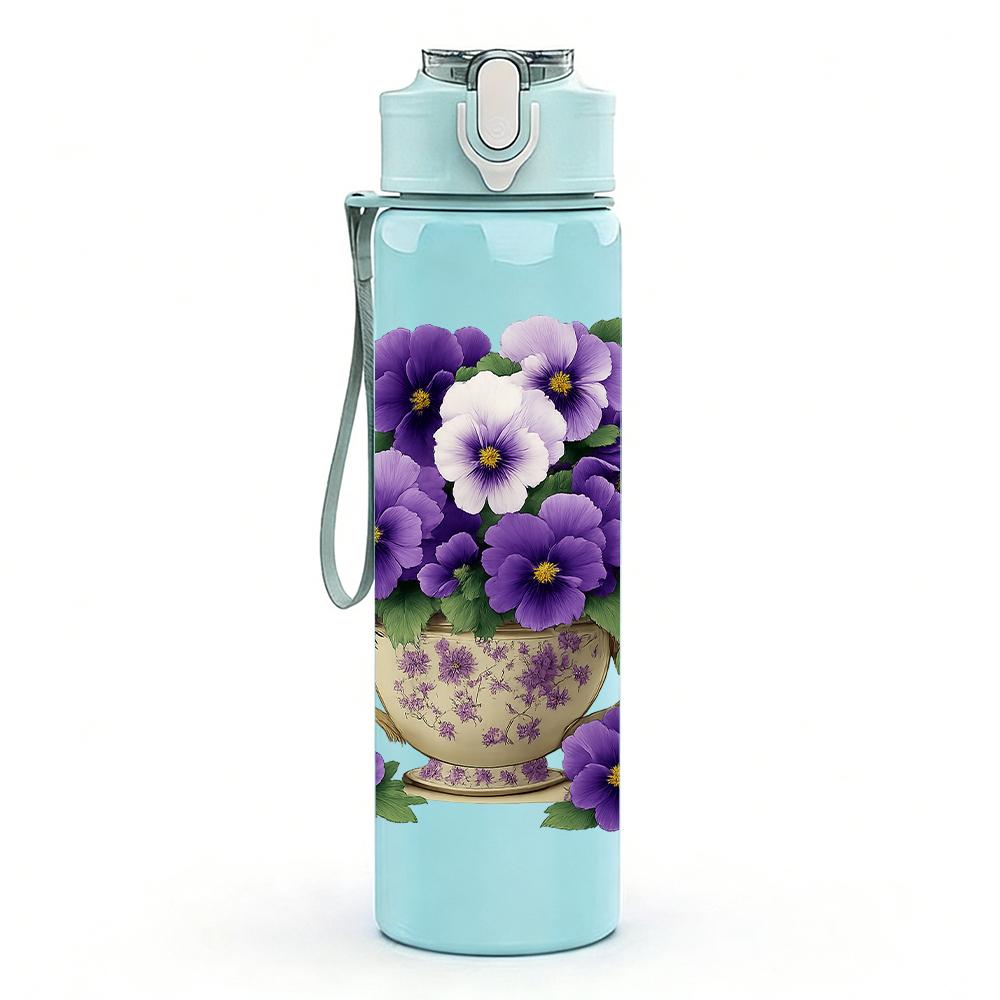 1PC Pansy Flower Pot Layout 750ml Color Plastic Sports Water Bottle Leakproof Flip Straw Lid For Sports Office Home Use