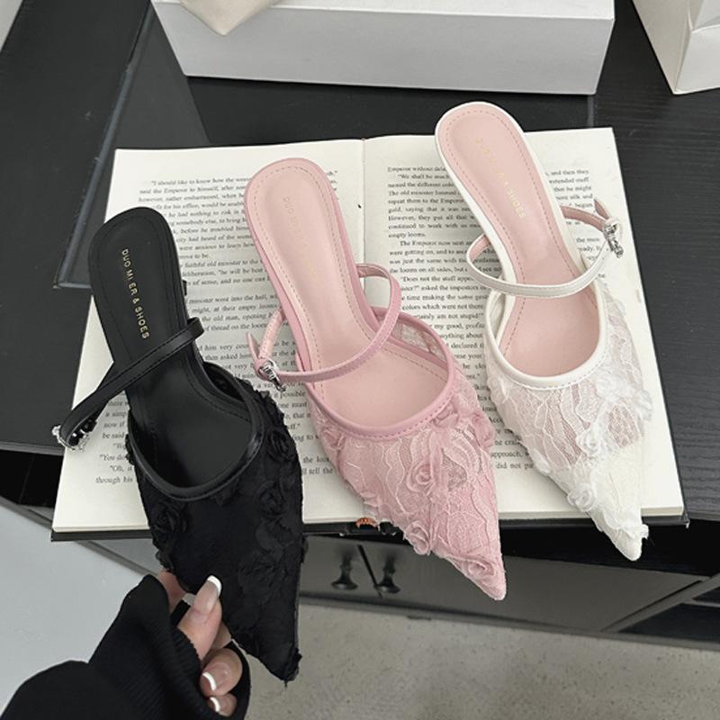 Остроносые кружевные туфли-шлепанцы на высоком каблуке, новые черные дышащие сетчатые босоножки-стилетто с юбкой, женская обувь