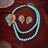 Luxury Double Blue Beads Necklace For Women Colourful Leaf Crystal Earrings Weddings Banquet Zircon Sets
