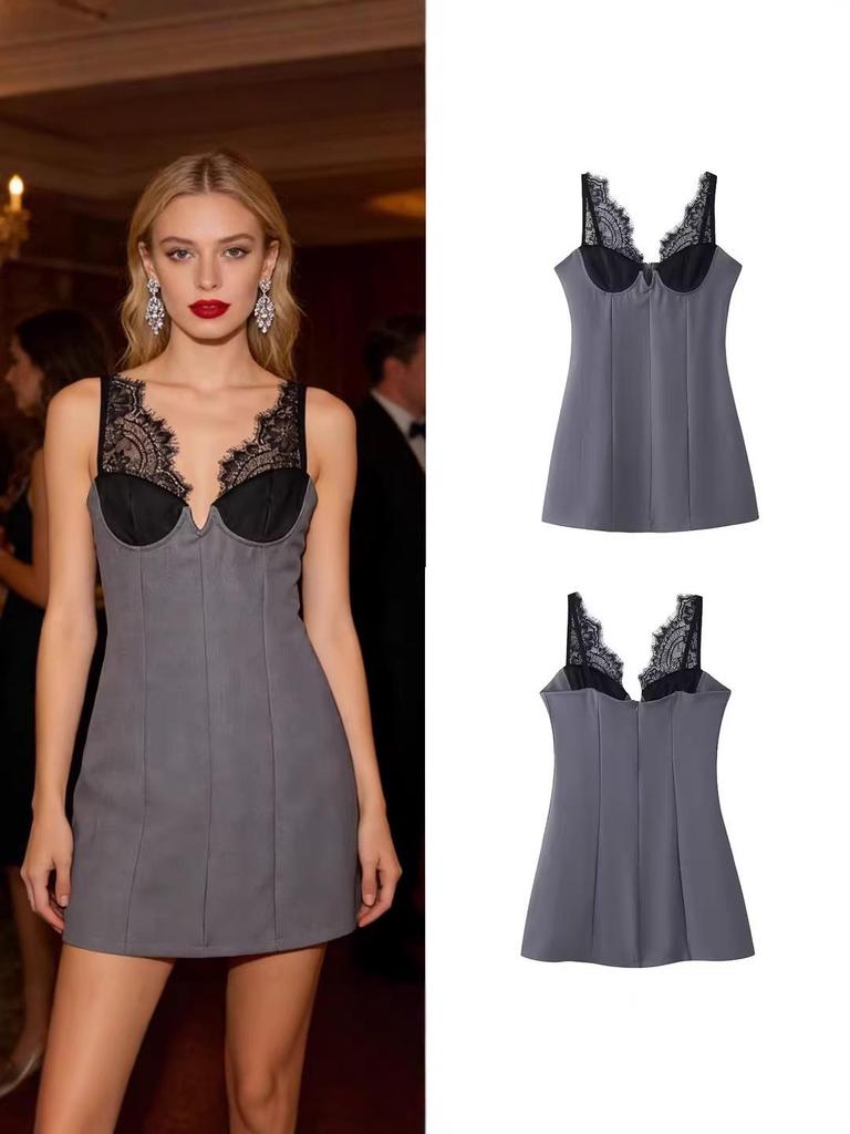 2026 European & American Style Sexy Eyelash Lace Deep V-Neck Slimming Camisole Dress
