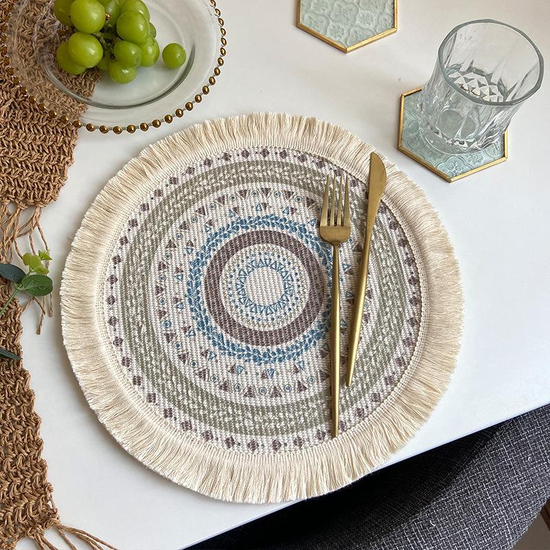 Set of 4 Boho Woven Round Placemat Handmade Table Mats Woven Jute Tassel Mat RetroTable Decor Fringe Coffee Mat Fur Ball Dining Mat Pompom Home Decor