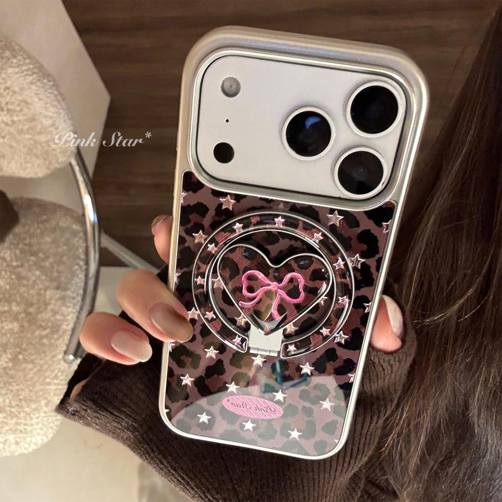 Leopard print bow case suitable for Apple 17 Pro Max, 13 gold-plated magnetic stand, iPhone 16 sweet and cool 15