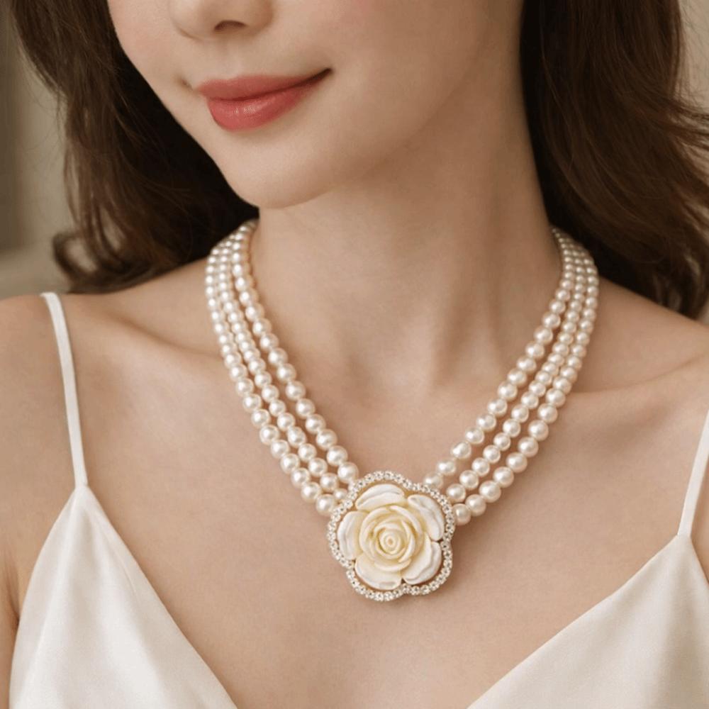 Rhinestone Multi-layer Necklace Baroque Style Camellia Clavicle Chain Pearl Flower Necklace  Girls