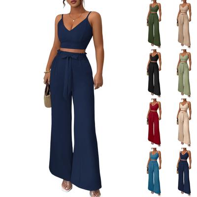 Женский летний свободный удобный повседневный модный и элегантный комплект из двух предметов: брюки на подтяжках с широкими штанинами