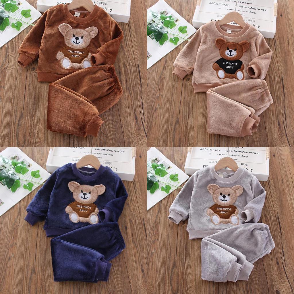 Baby Winter Pajama Set With Bear Pattern For Boys And Girls Fleece Cozy Homewear