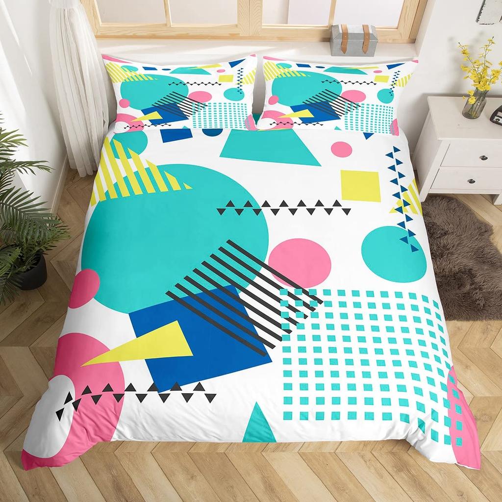 Blue Pink Memphis Bedding Set Colorful Abstract Duvet Cover Hippie Hip Hop Comforter Cover Geometric Vintage Fashion Quilt Cover