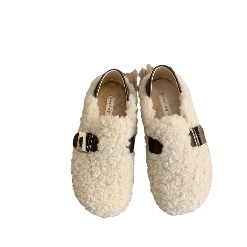 Обувь из овечьей шерсти женская зимняя 2024 новая корейская версия ретро плоские туфли-лодочки женские бархатные хлопковые туфли