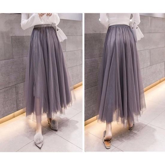 Women Midi Skirt Elastic High Waist Long Skirt with Solid Mesh Hem Solid Color A-Line Skirt Daily Wear