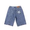 Corteiz Distressed Denim Shorts With Star Embroidery Vintage Streetwear Straight Cut Mid-Rise Casual 5/8 Length Jeans Men