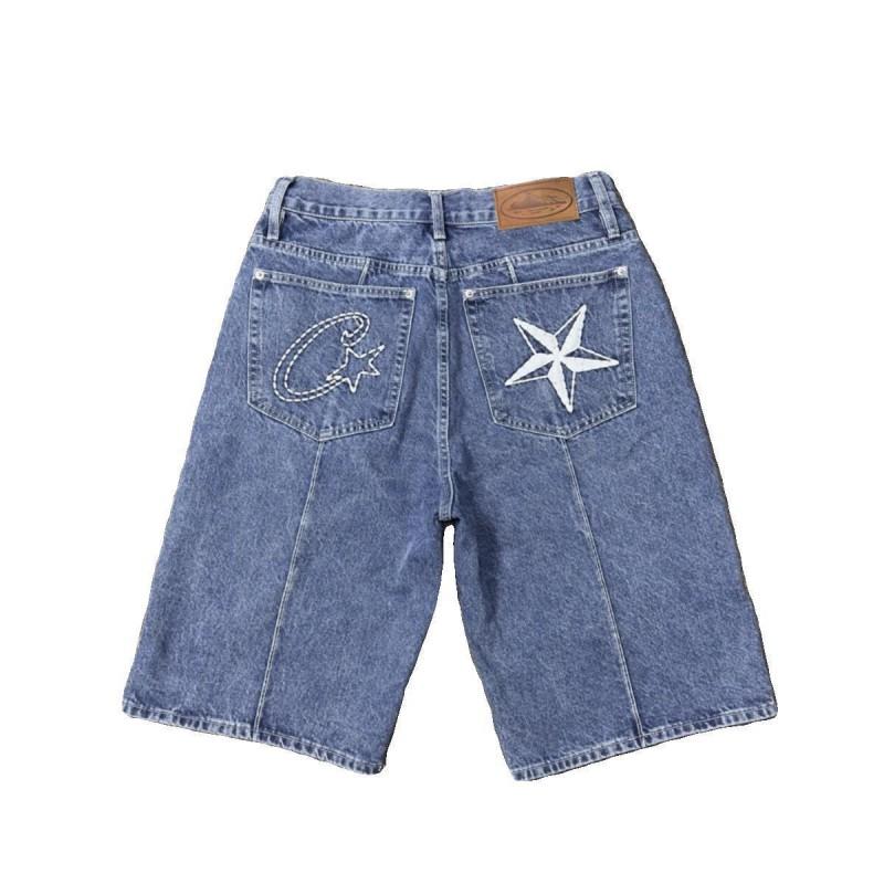 Corteiz Distressed Denim Shorts With Star Embroidery Vintage Streetwear Straight Cut Mid-Rise Casual 5/8 Length Jeans Men
