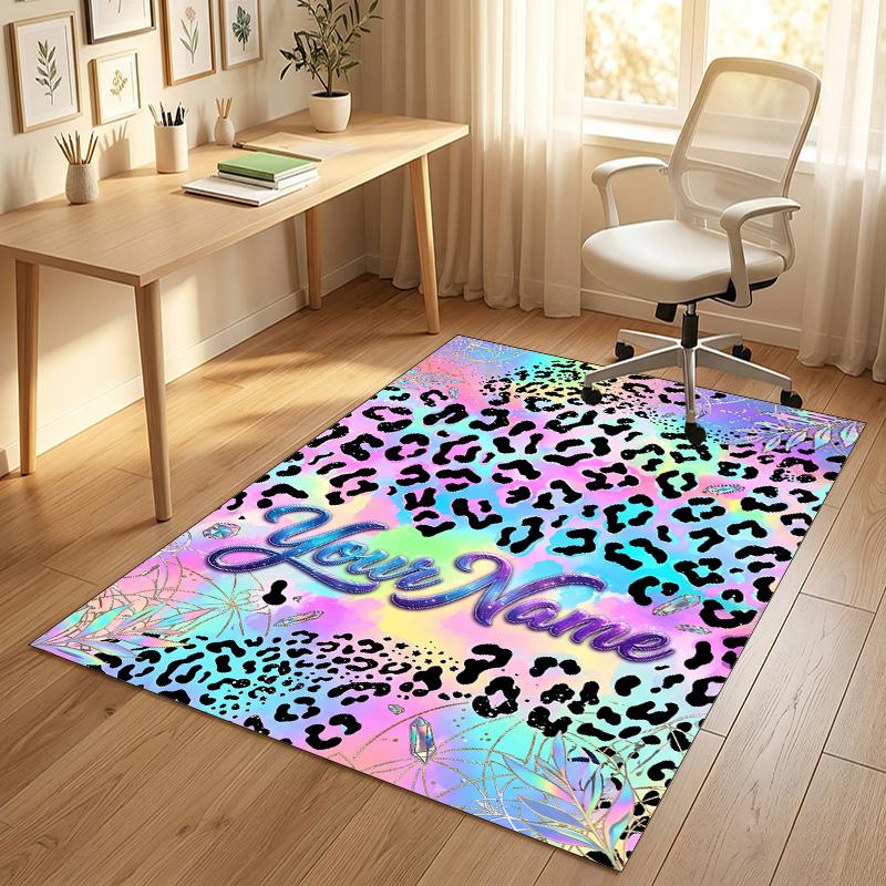 Rainbow Leopard Theme Soft Crystal Velvet Rug Custom Name & Text Print Non Slip Floor Rug for Bedroom Living Room