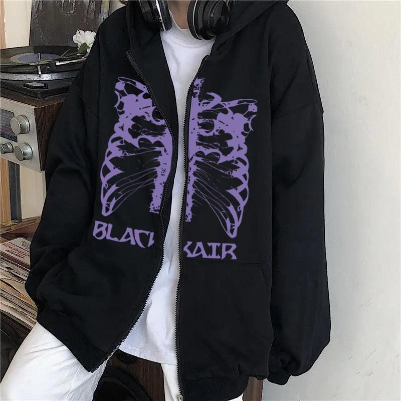 Y2K Skeleton Zip Hoodie 90s Retro Print Up Sweatshirt Men