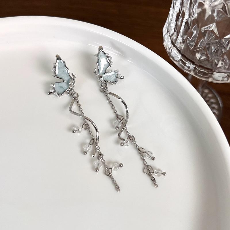 Unique Temperament Blue Butterfly Fringe Long Earrings Light Luxury Niche Studs Senior Sense Earrings Female