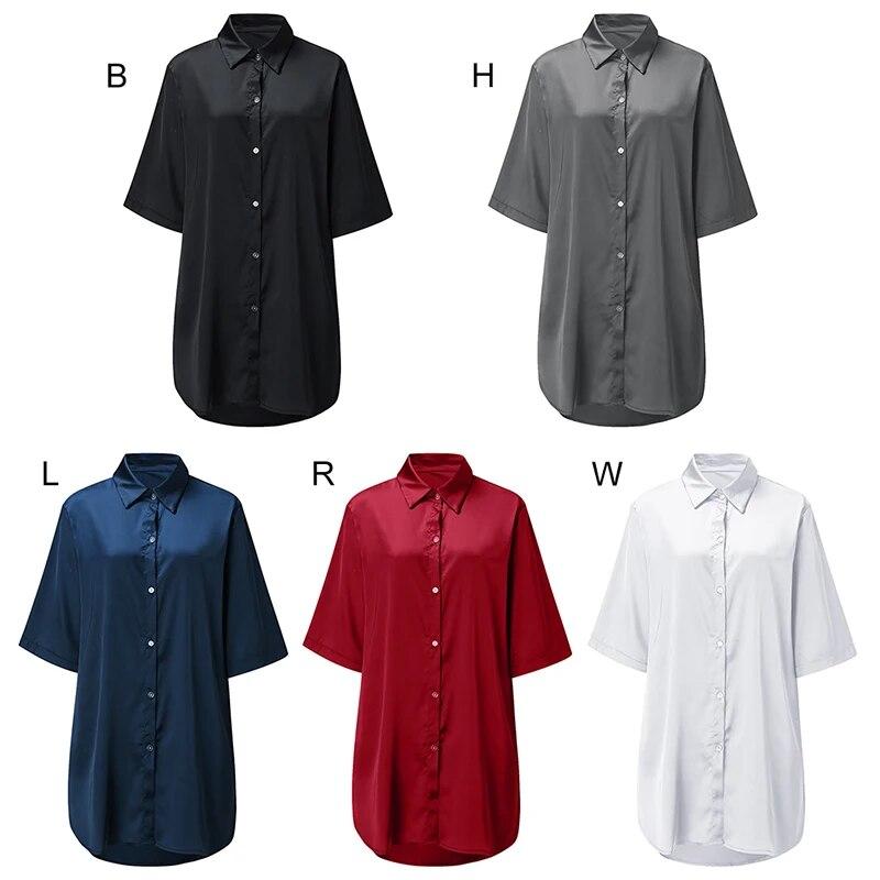 Женская ночная рубашка на пуговицах, атласная ночная рубашка с рукавами 3/4, одежда для сна с воротником-бойфрендом