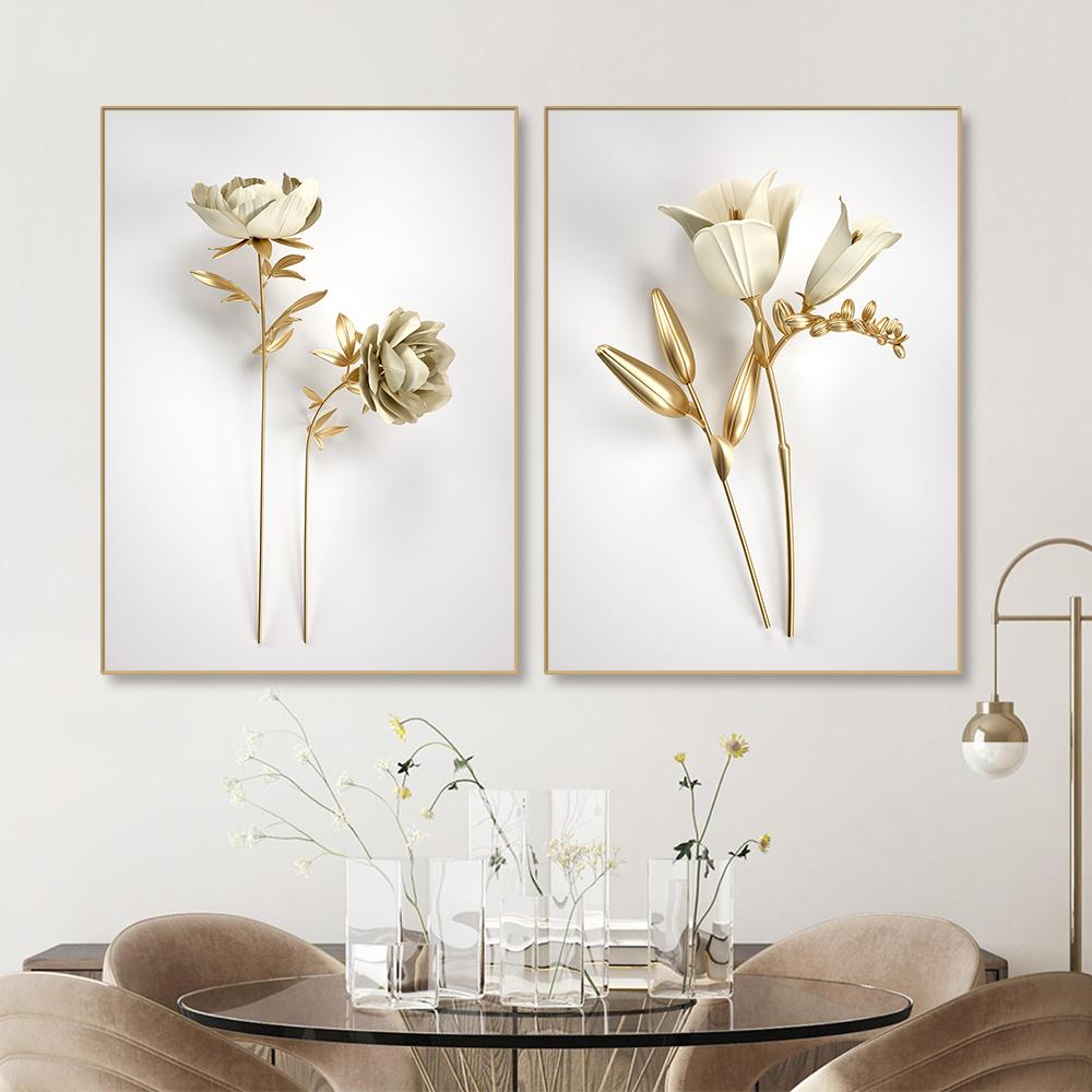 Modern 3D Visual Wall Art Canvas Painting Nordic Golden Flower Posters And Prints Pictures for Living Room Corridor Home Decor