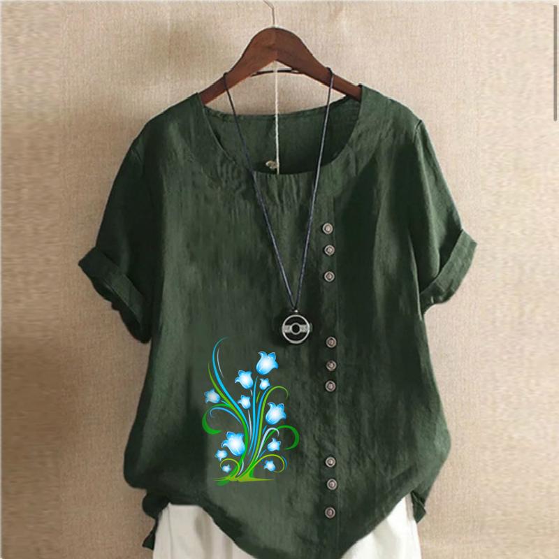 Women's Fashion Flower Prined Round Neck Short Sleeve T-shirt Casual Cotton Linen Graphic Shirt Leisure Loose Summer Blouse Tops Plus Size