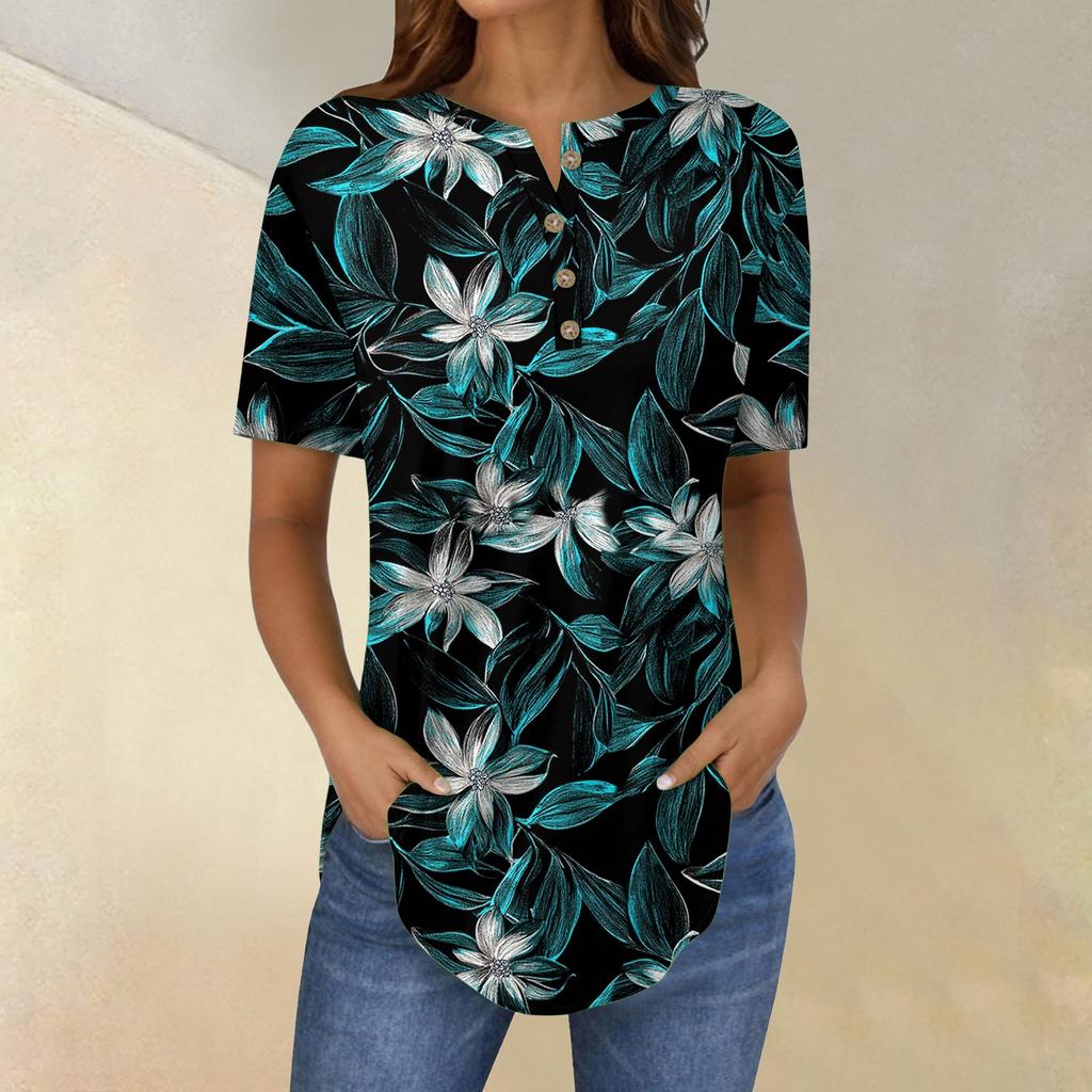 Short Sleeve Womens Tops Summer T-Shirts Floral Print V Neck Casual Basic Tee Button Shirts Tunic Tops