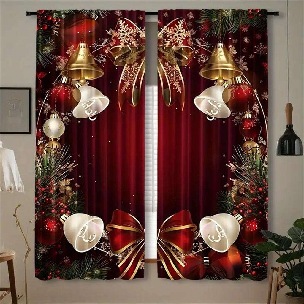 2Pcs Christmas Present Luxurious Christmas Decoration Curtains Festive Digital Print Holiday Decor Living Room Bedroom Kitchen