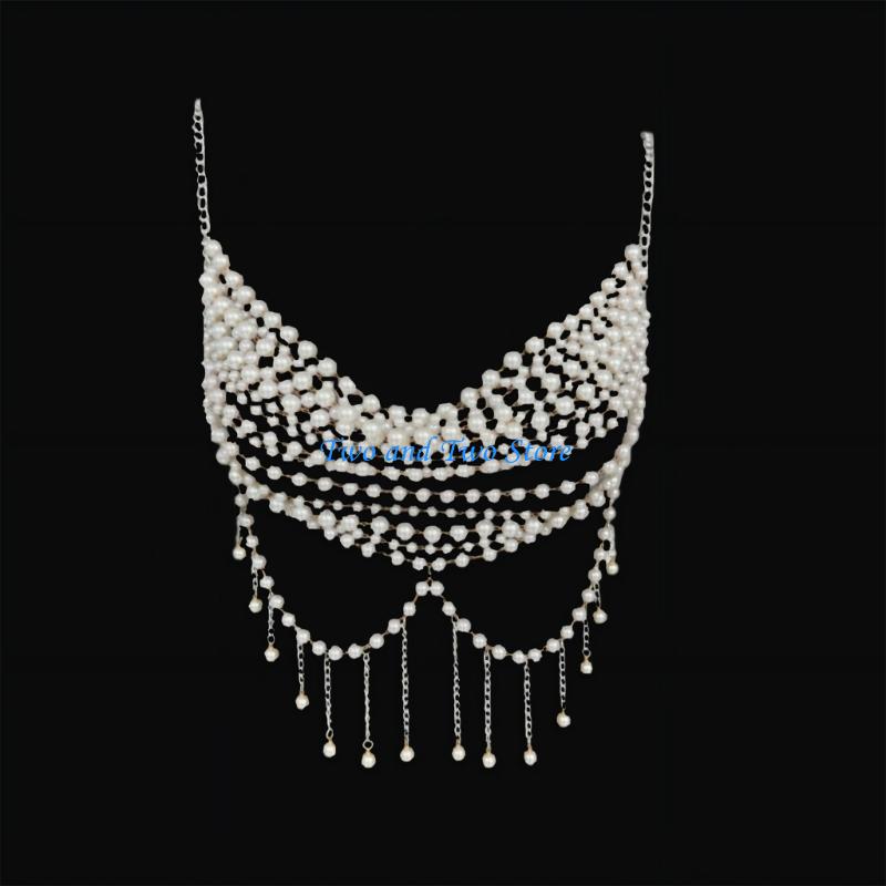 HX6F Multi Layer Plastic Pearls Chest Jewelry Adjustable Handcrafted Layered Body Chain For Casual Outfits And Event