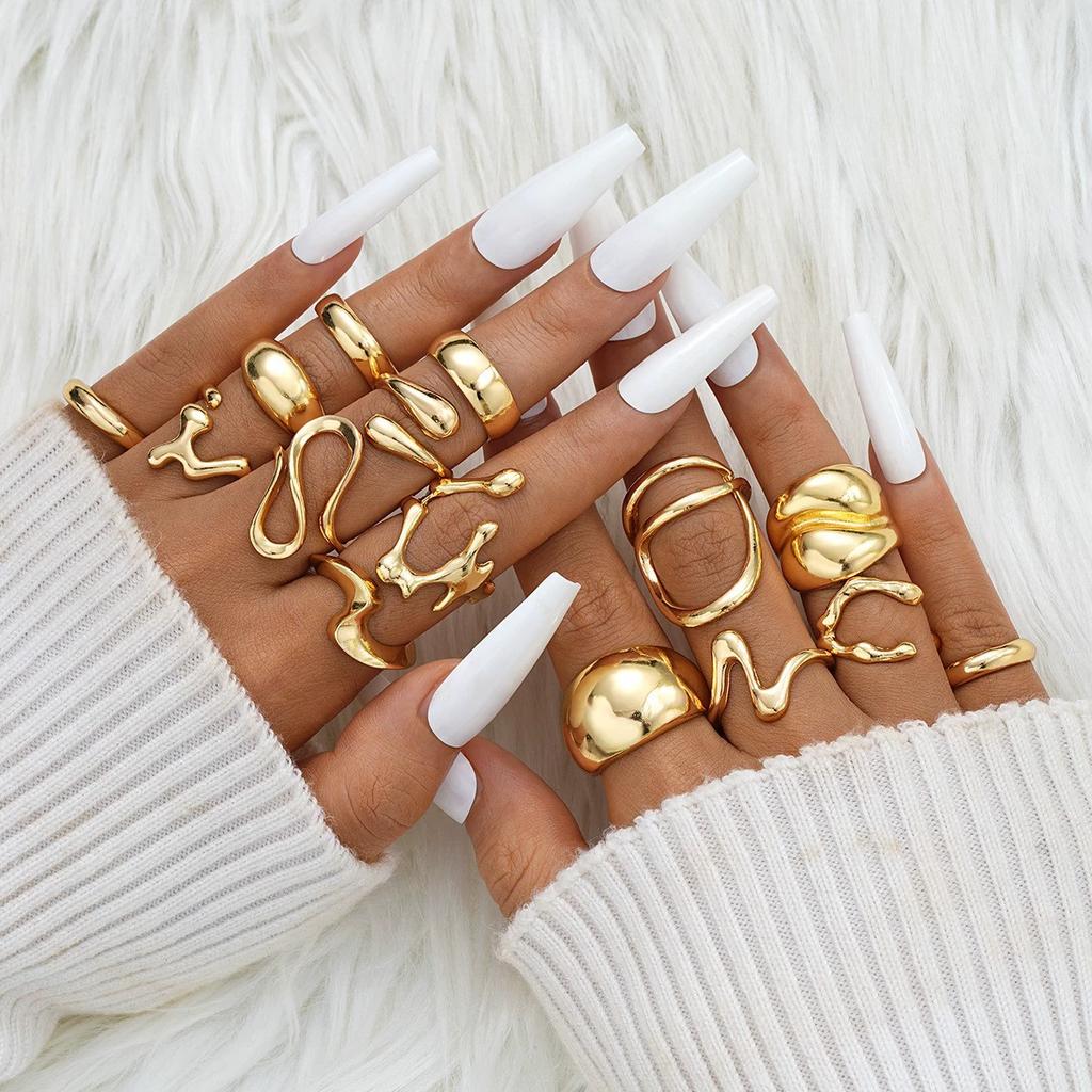 Elegant Vintage Jewelry Set for Women Gold Color Necklaces Earrings Irregular Rings Bead Bracelet Daily Wear Jewelry Gift No Box
