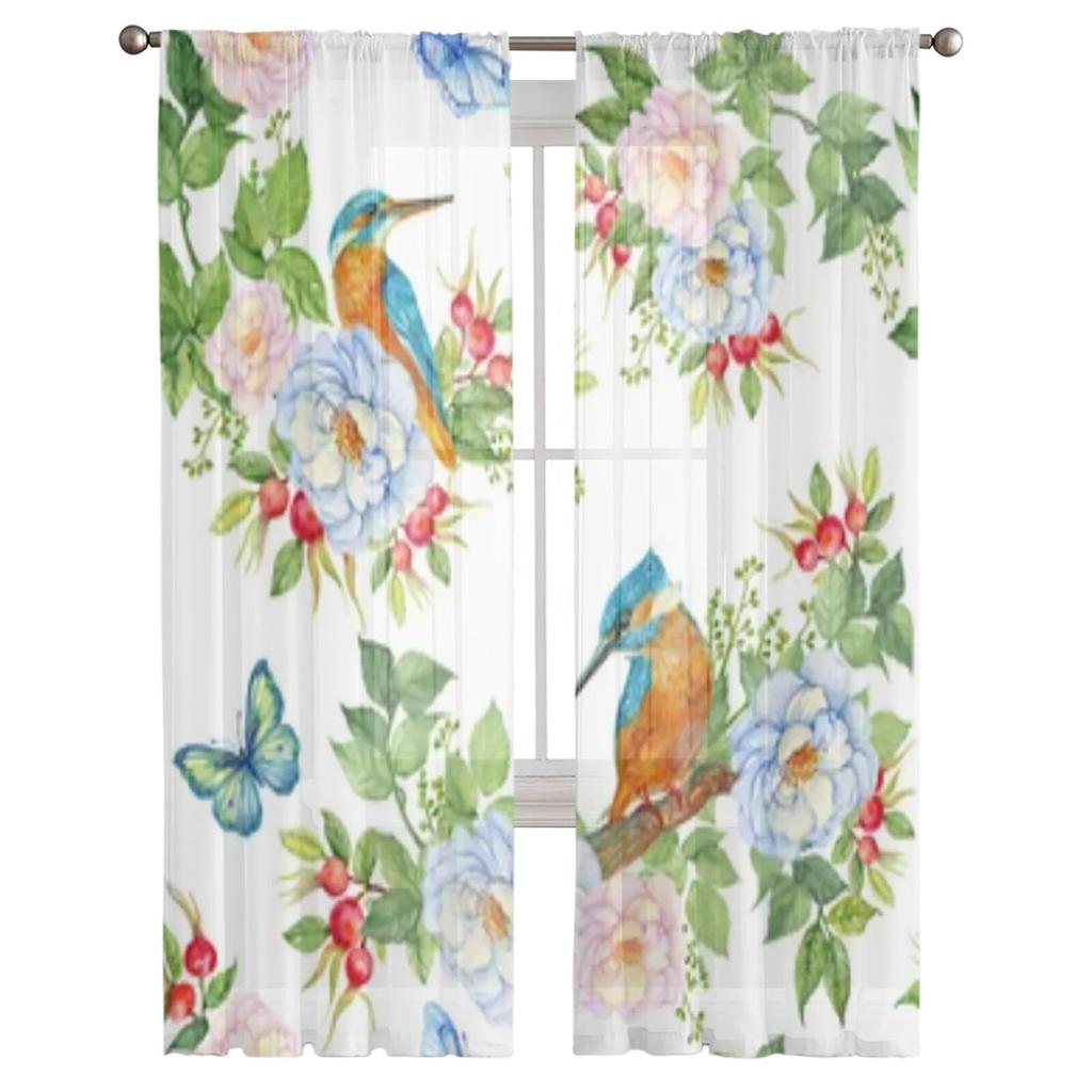Watercolor Pattern With Birds Tulle Window Curtain For Living Room Bedroom Voile Sheer Curtains Kitchen Treatments Drapes