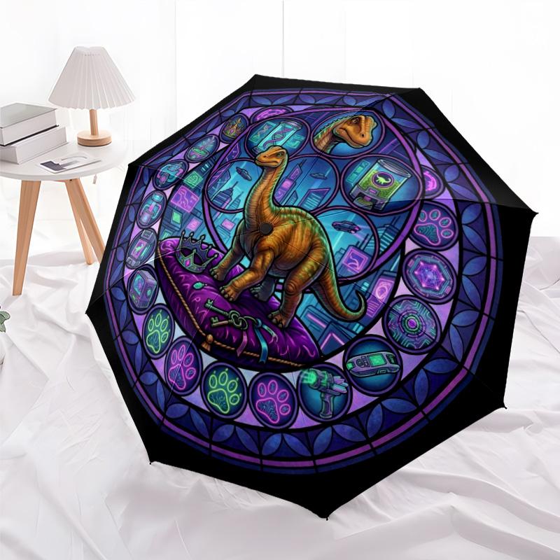 Dinosaur Kingdom Glass pattern umbrella, portable and foldable design, 8 ribs, a casual accessory for Halloween, Christmas, and birthday gifts.
