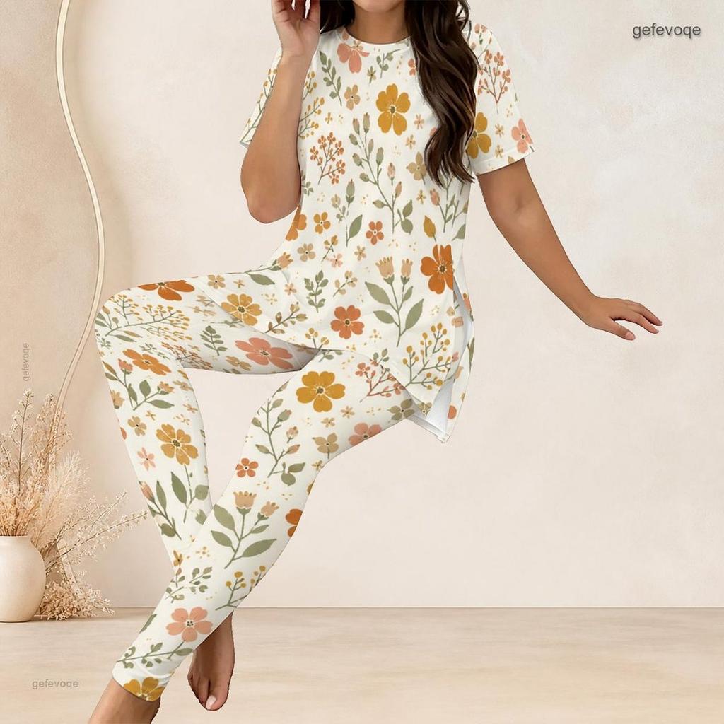 Women Plus Size White Floral Printed Two Piece Set Round Neck Short Sleeve Side Split Top And Long Pants