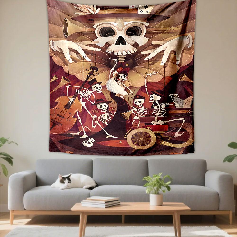 Skeletons play musical instruments with a puppet master in a lively scene. Patterned tapestry for bedroom and living room home decor
