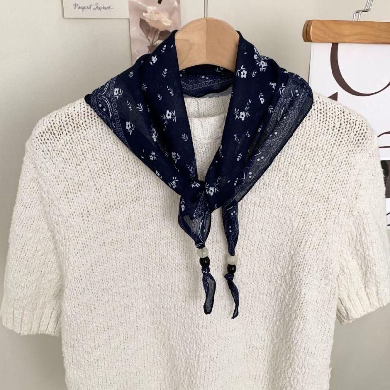 Silk Scarf New Literary Scarf Shawl Cashew Flower Headband Versatile Multi-purpose Pearl Triangle Scarf Waist Tie