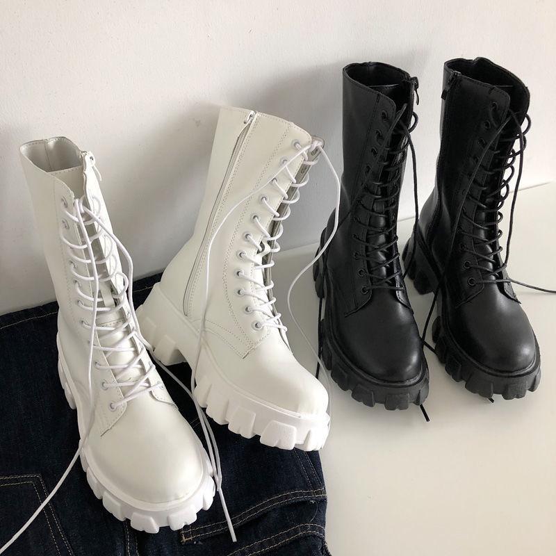 Mid Calf Boots Women Autumn Winter Fashion Lace-up Ladies Chelsea Zipper Boots Sports Platform Heel Ladies Shoes