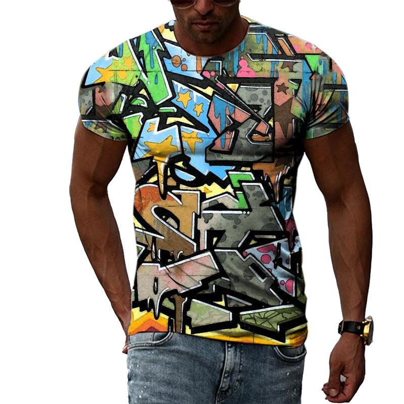 Летняя повседневная мужская футболка с креативным граффити и 3D-печатью, индивидуальный молодежный модный тренд, топ с короткими рукавами и круглым вырезом