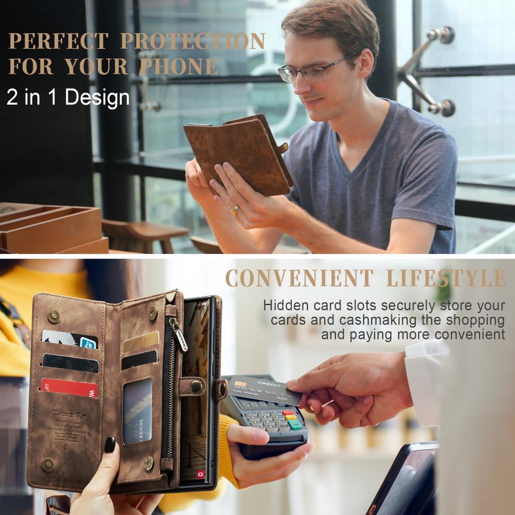 Чехол для Samsung Galaxy из кожаного материала с большими скрытыми отделениями для карт и противоударной защитой, дизайн 2-в-1, застежка-молния