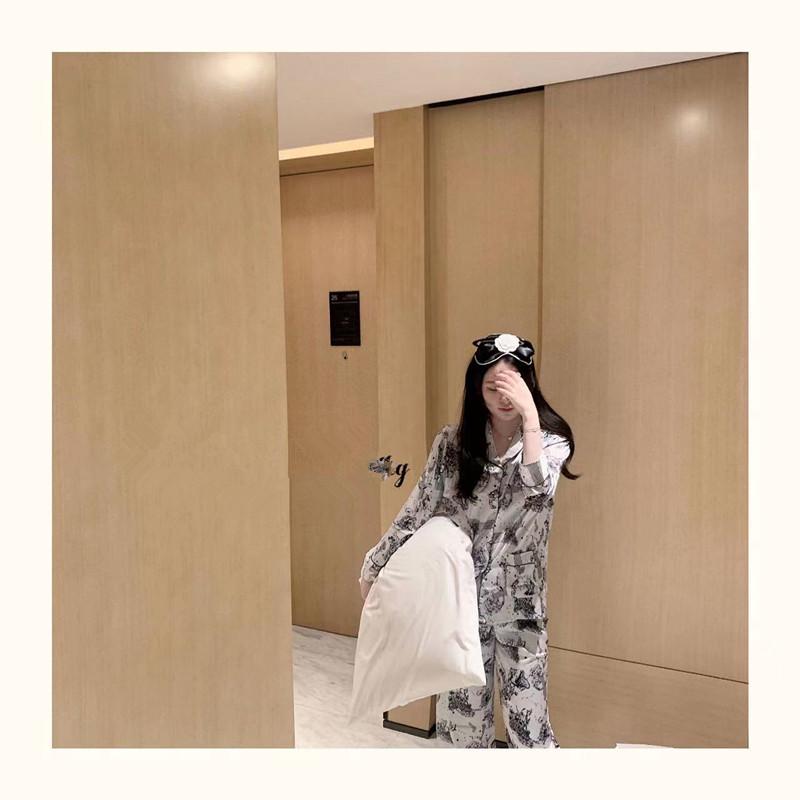 Женская шелковая пижама с цветочным принтом - С длинным рукавом, тонкая и стильная корейская домашняя одежда для весны/осени