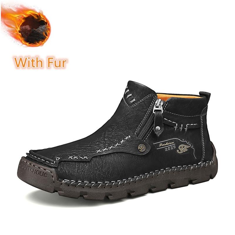 Stylish Men Winter Plush Snow Boots Side Zipper Men Low Top Casual Shoes Leather Male Motorcycle Boots Travel Men's Ankle Boots